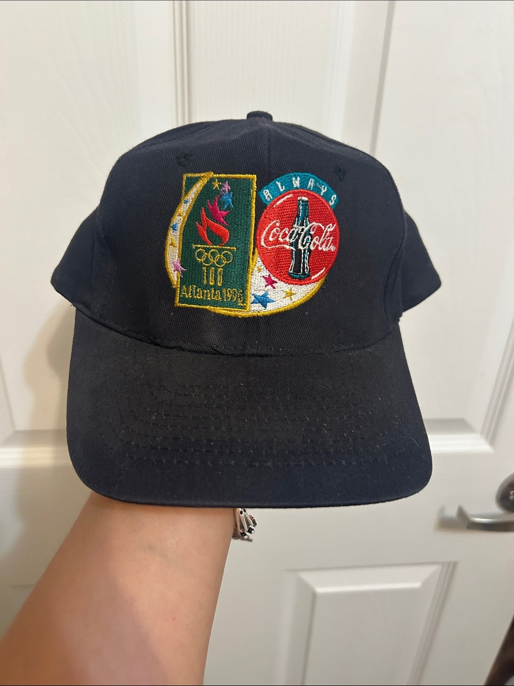 Vintage Coca-Cola Navy Hat with Colorful Atlanta 1996 Olympic Patch